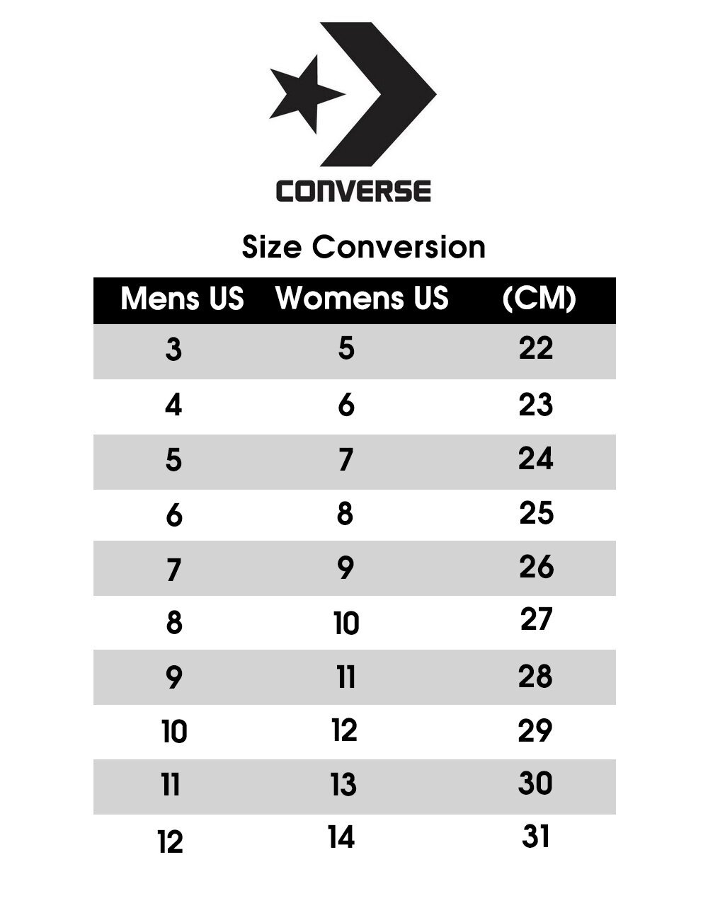 Size Chart Converse Kids To Adult
