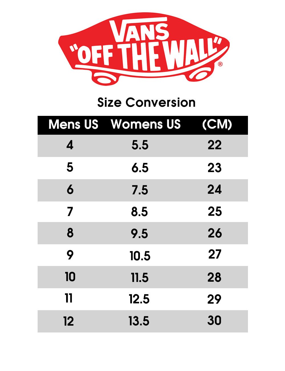 Size Conversion Chart For Vans